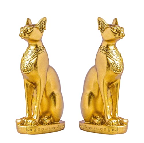 EASCHEER Egyptian Cat Goddess Bastet Statue 2PCS Collectibles Figurine Animal Statues Egyptian Décor(4.2 inches Gold)