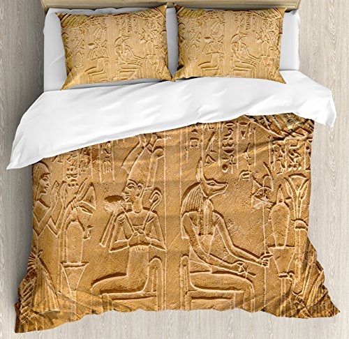 Ambesonne Egyptian Print Duvet Cover Set, Egyptian Hieroglyphs on The Wall Stone Surface Scripts Arts Theme Image, Decorative 3 Piece Bedding Set with 2 Pillow Shams, Queen Size, Brown